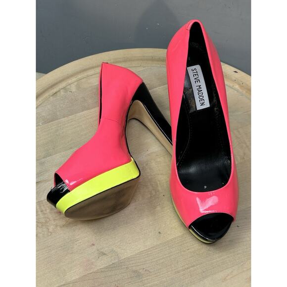 Steve Madden Platform Pink Neon heels Womens 8.5 M Color block Leather Y2K - Picture 1 of 10